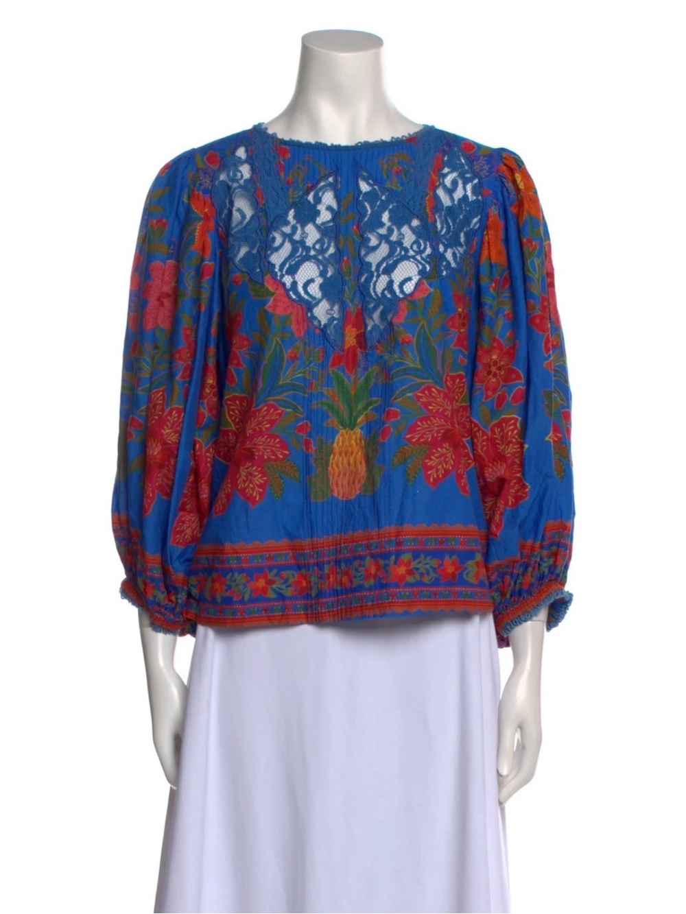 FARM Rio Blue Lace-Panel Pineapple & Floral Blouse